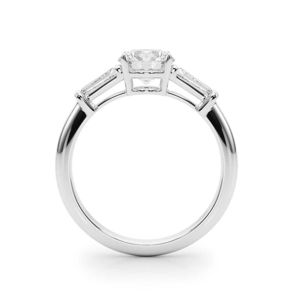 Exquisite 14kt White Gold 3-Stone Ring with Round Center and Tapered Baguette Sides