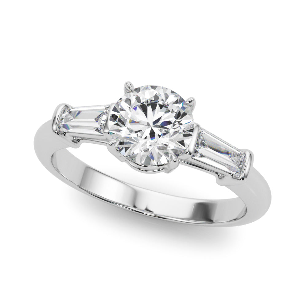 Exquisite 14kt White Gold 3-Stone Ring with Round Center and Tapered Baguette Sides