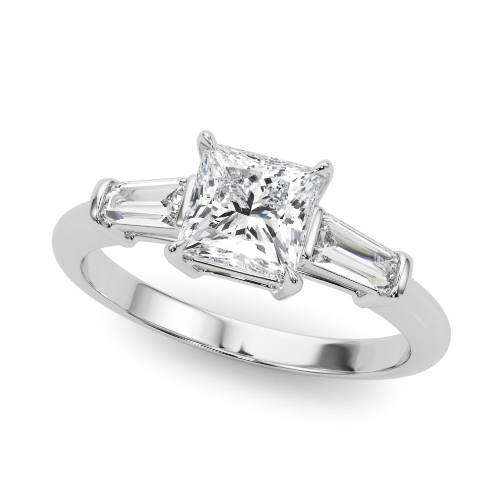 Elegant 3 Stone Ring: Featuring a Stunning Square Center Stone with Tapered Baguette Sides