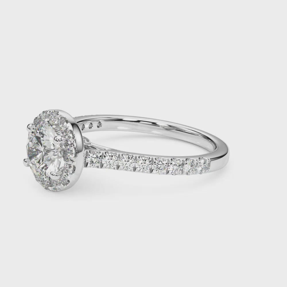 Elegant 14kt White Gold Halo Round Engagement Ring Setting - 2 Carat Center Stone Capacity