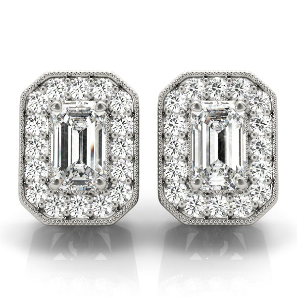 Stunning 14kt White Gold Emerald Cut Halo Earrings - Semi-Mount with Diamond Accents (0.98 cttw)