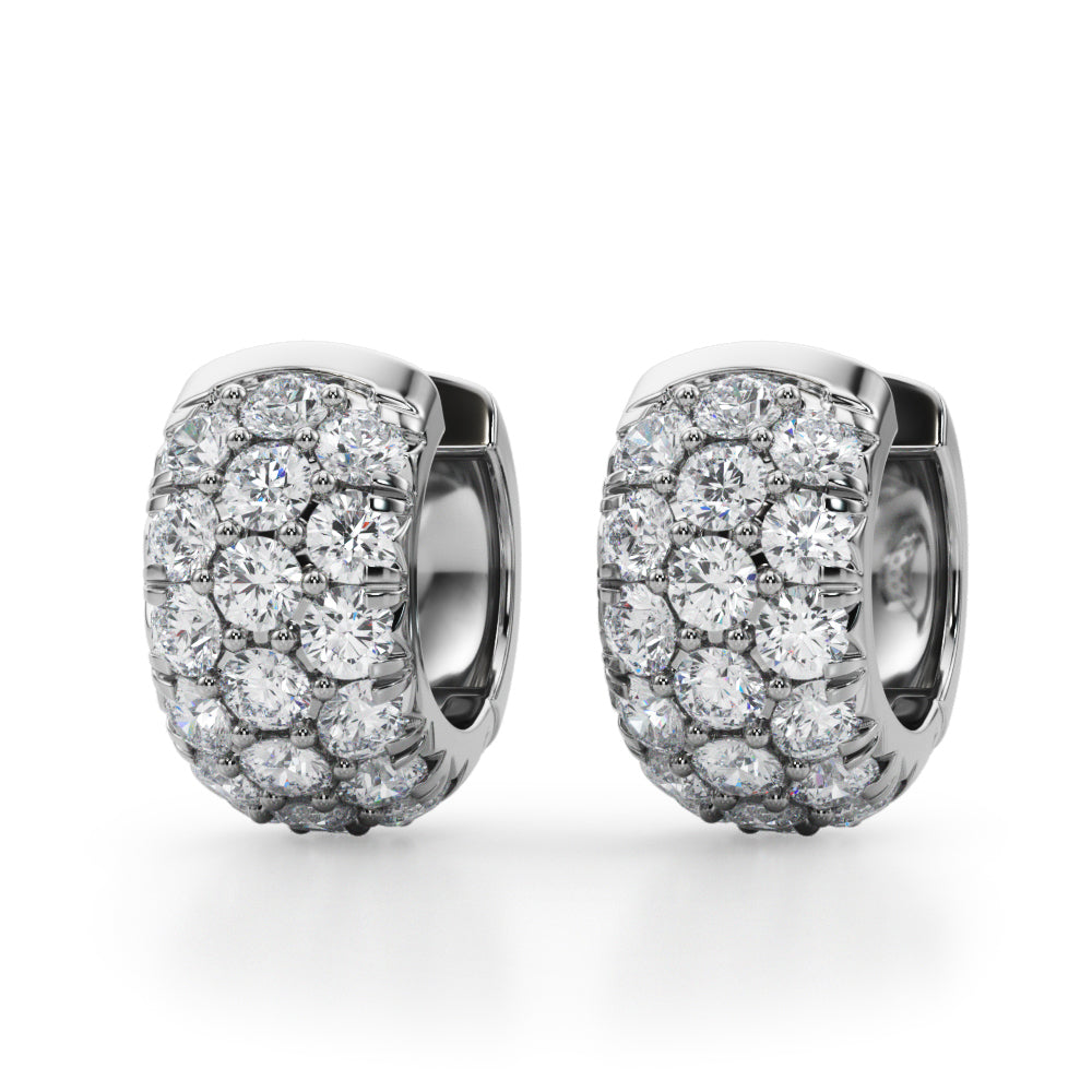 Exquisite 3-Row Diamond Huggie Earrings in 14kt White Gold - 3.04 CTTW SI2, H-I