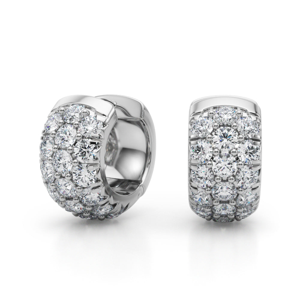 Exquisite 3-Row Diamond Huggie Earrings in 14kt White Gold - 3.04 CTTW SI2, H-I