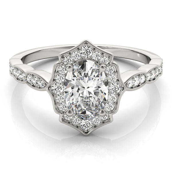 Exquisite Scalloped Oval Halo Engagement Ring in 14kt White Gold