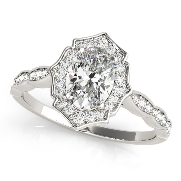 Exquisite Scalloped Oval Halo Engagement Ring in 14kt White Gold