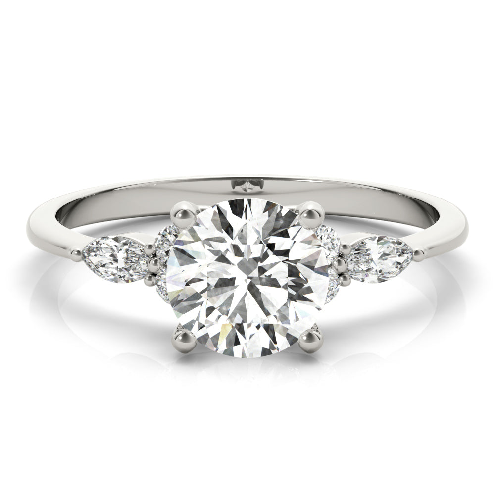 Elegant 14kt White Gold 3-Stone Marquise Ring - 2ct Round Center Stone Setting