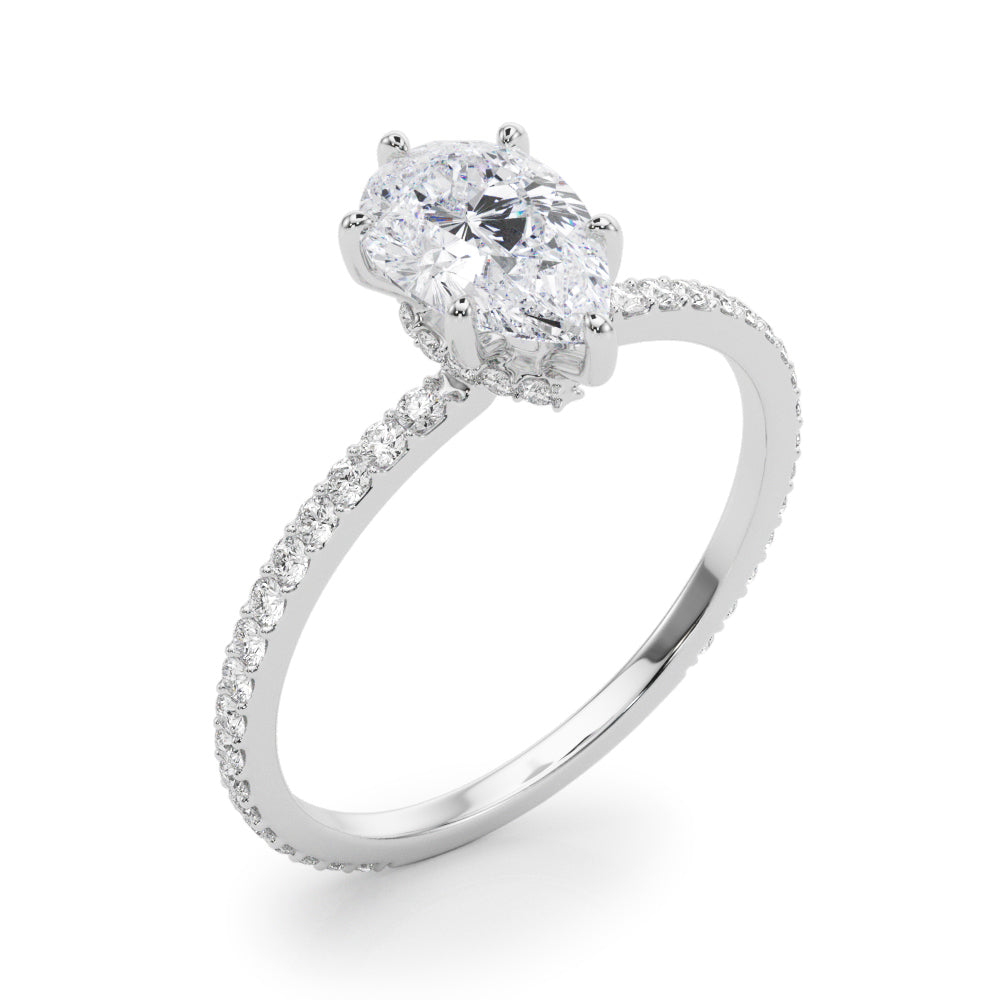 Exquisite Hidden Halo Pear Center Single Row Engagement Ring - 14k White Gold