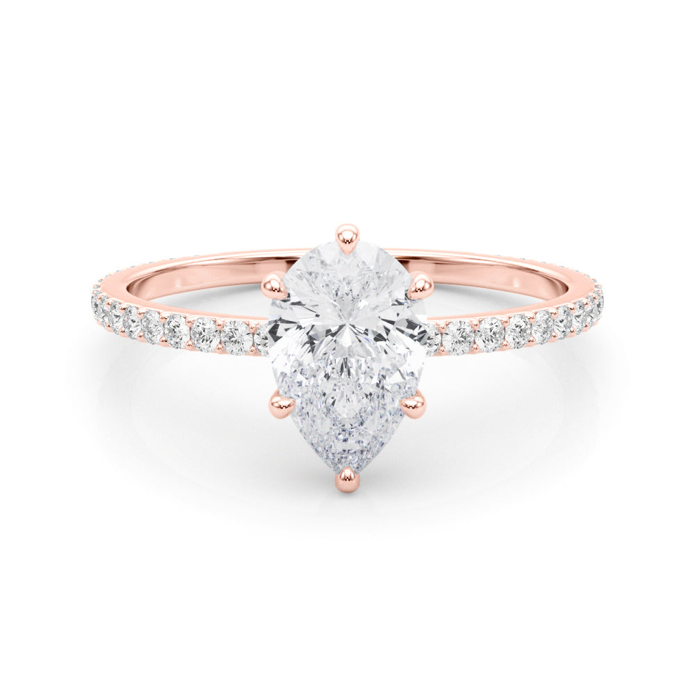 Exquisite Hidden Halo Pear Center Single Row Engagement Ring - 14k White Gold