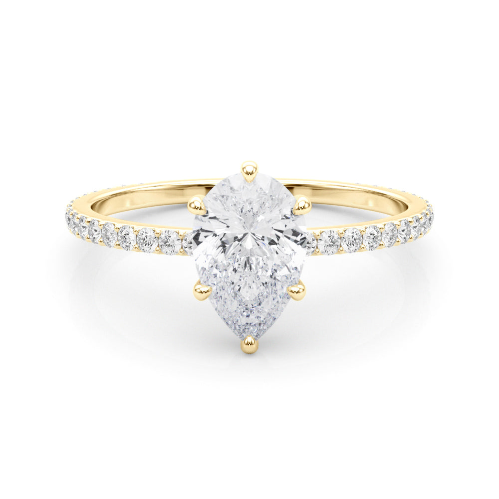 Exquisite Hidden Halo Pear Center Single Row Engagement Ring - 14k White Gold