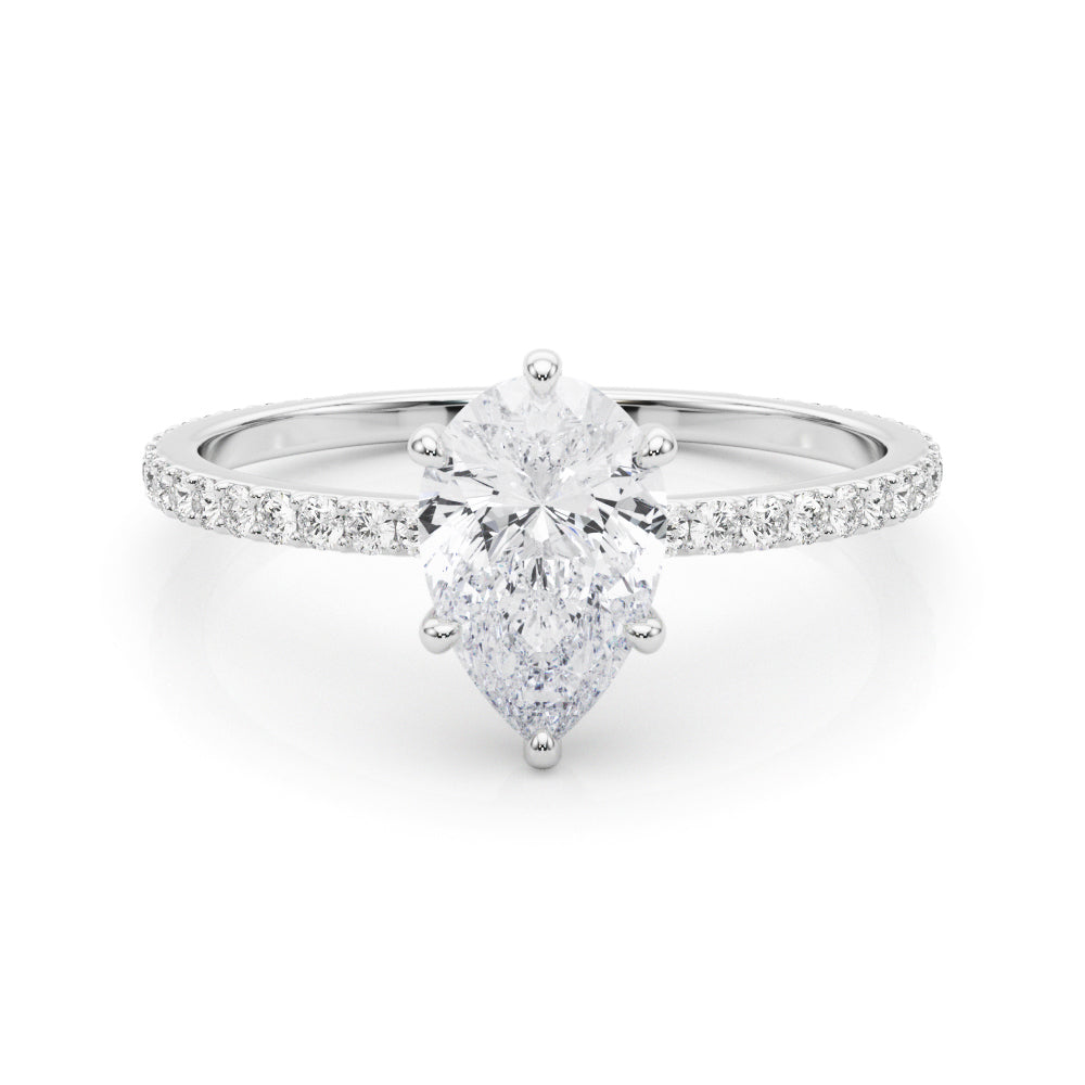 Exquisite Hidden Halo Pear Center Single Row Engagement Ring - 14k White Gold