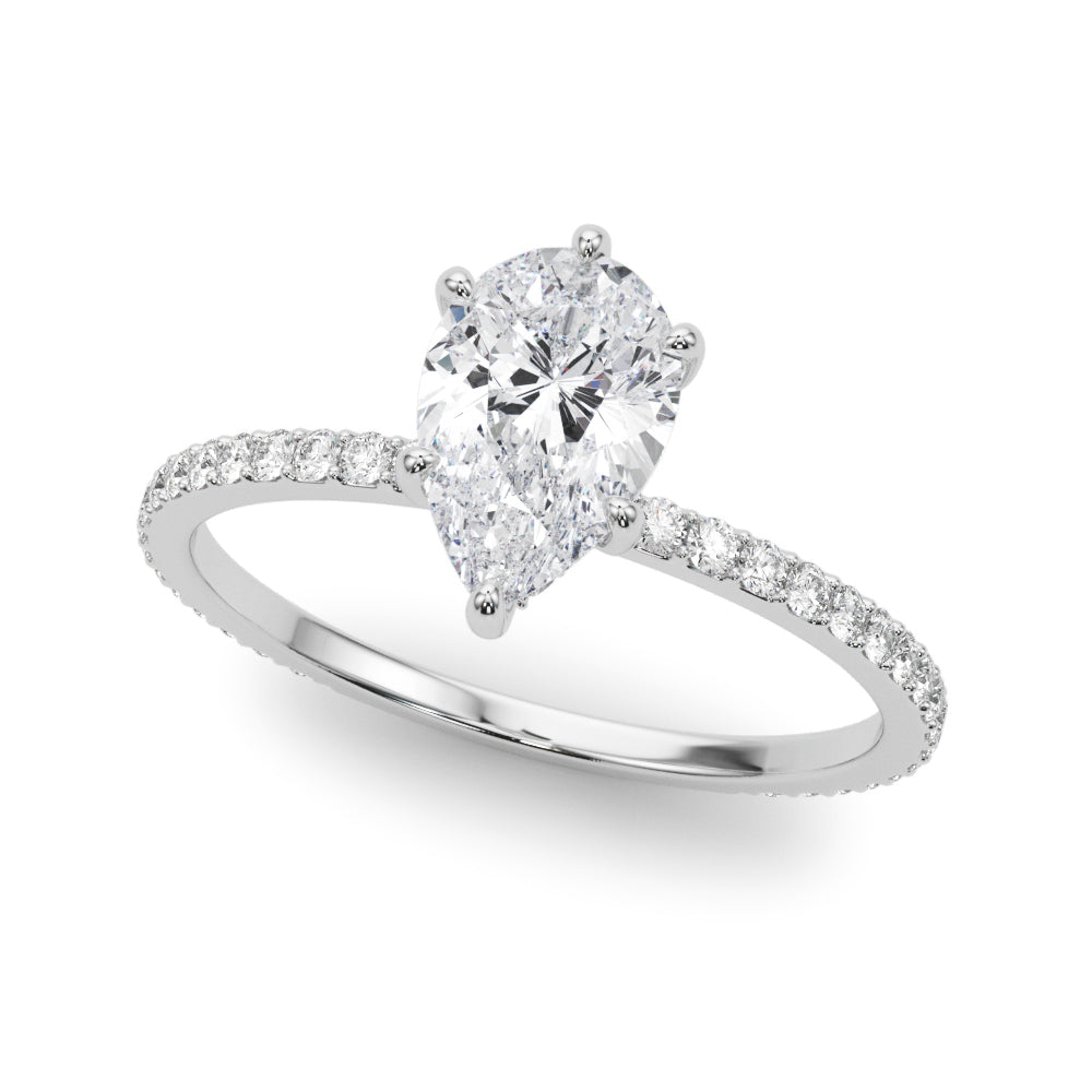 Exquisite Hidden Halo Pear Center Single Row Engagement Ring - 14k White Gold