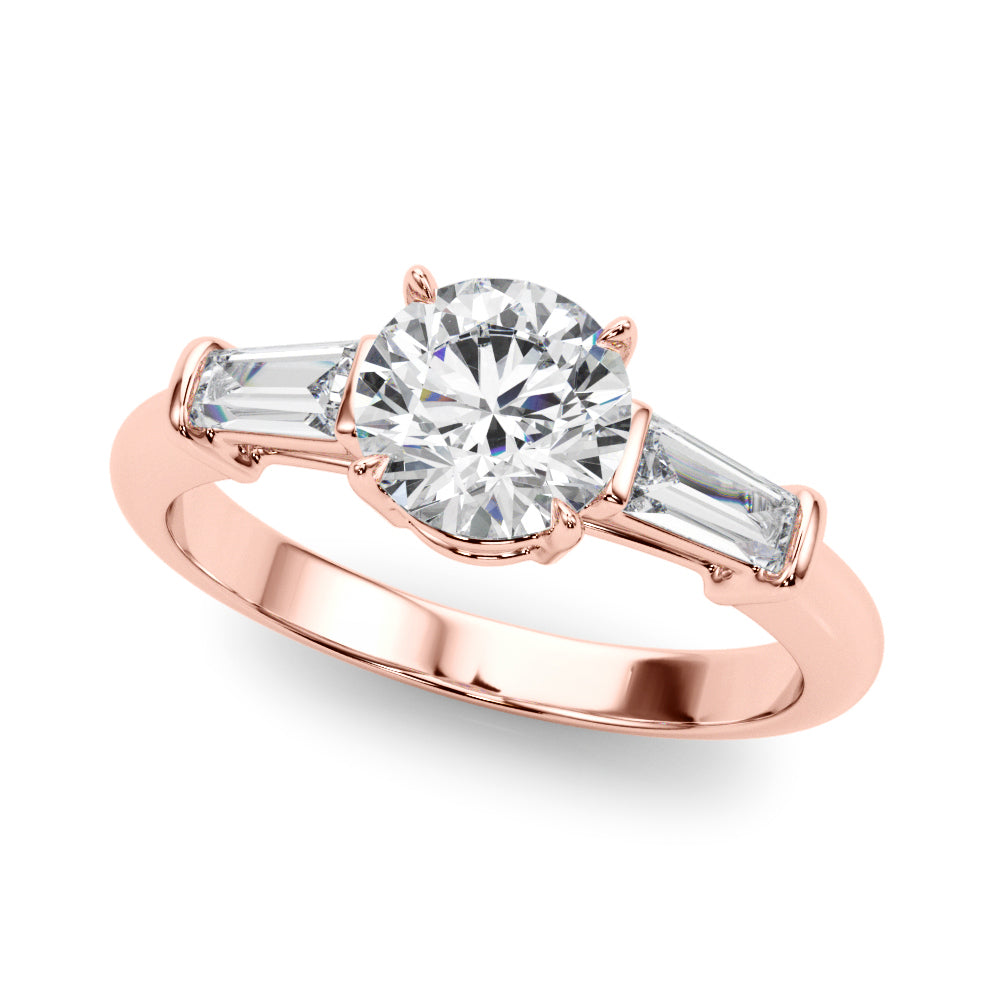 Exquisite 14kt White Gold 3-Stone Ring with Round Center and Tapered Baguette Sides