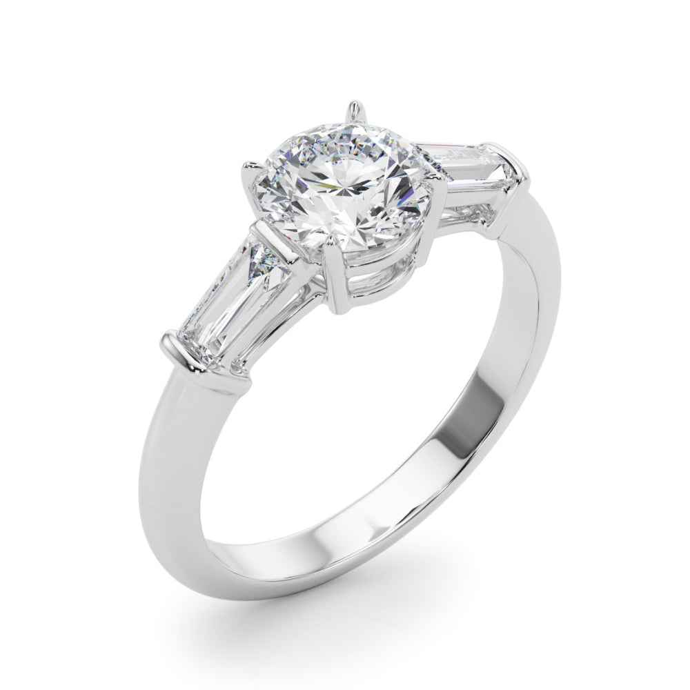 Exquisite 14kt White Gold 3-Stone Ring with Round Center and Tapered Baguette Sides
