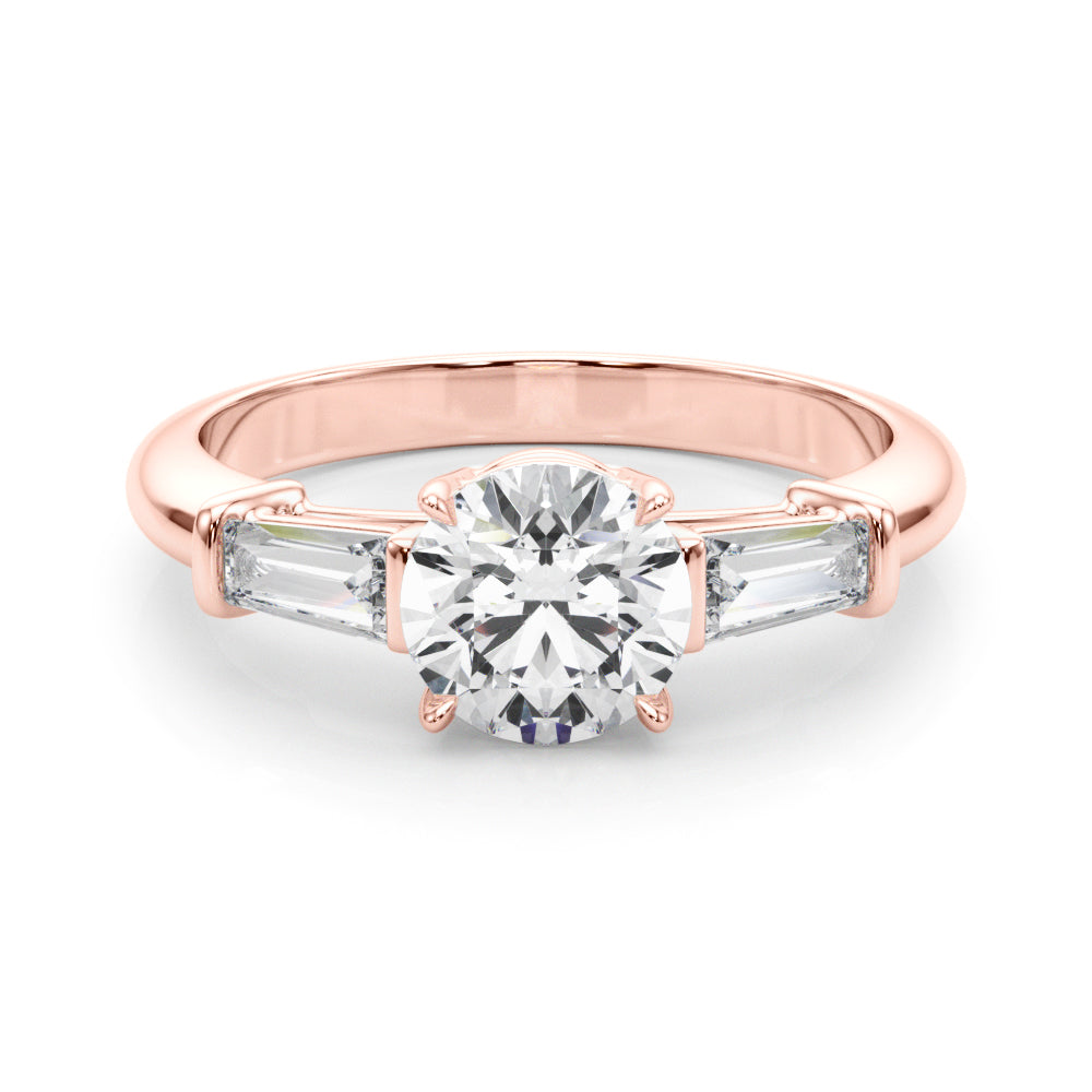 Exquisite 14kt White Gold 3-Stone Ring with Round Center and Tapered Baguette Sides
