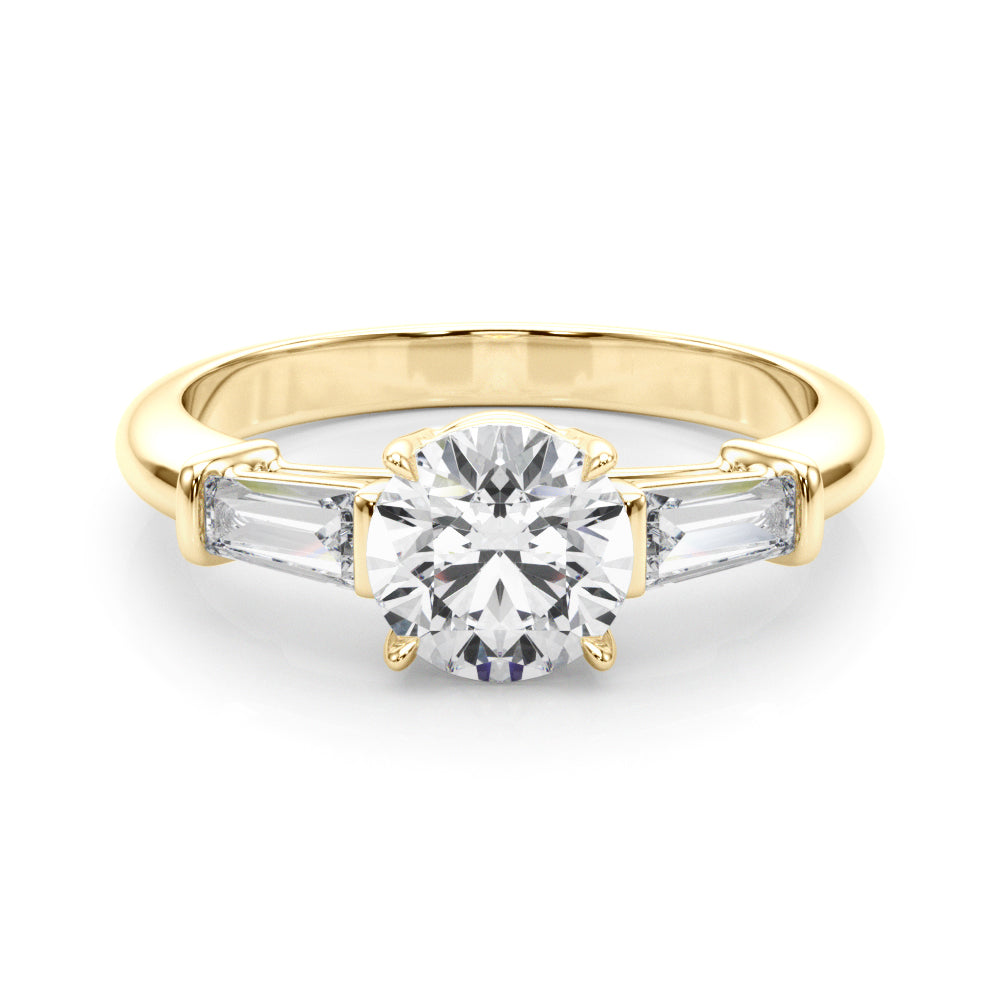 Exquisite 14kt White Gold 3-Stone Ring with Round Center and Tapered Baguette Sides