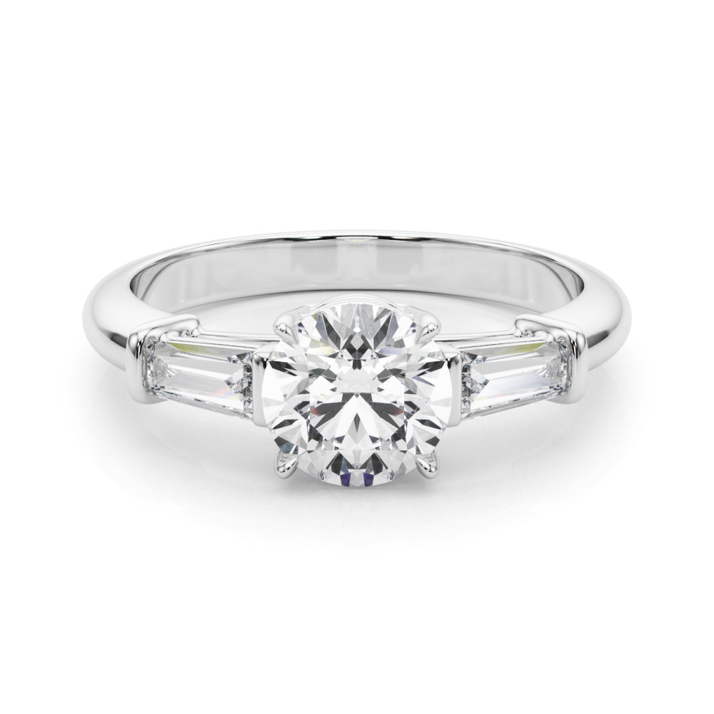 Exquisite 14kt White Gold 3-Stone Ring with Round Center and Tapered Baguette Sides