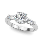Exquisite 14kt White Gold 3-Stone Ring with Round Center and Tapered Baguette Sides