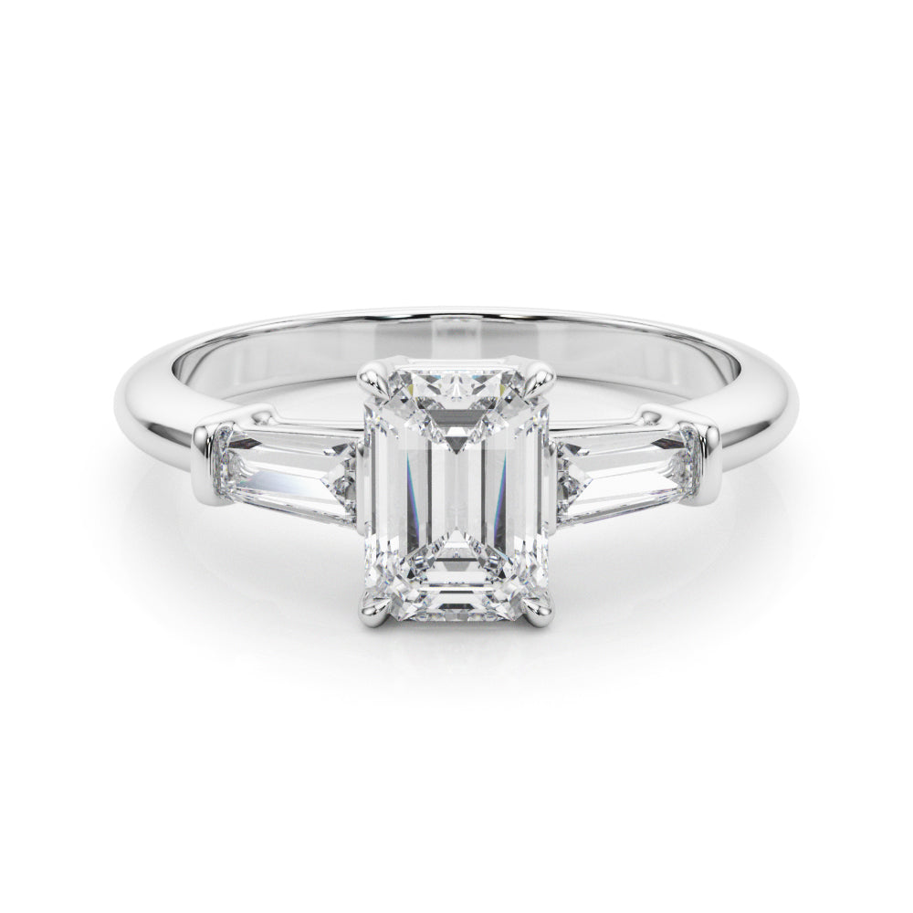 Elegant 3-Stone Emerald Ring with Tapered Baguette Sides