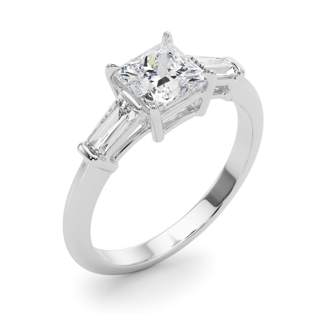 Elegant 3 Stone Ring: Featuring a Stunning Square Center Stone with Tapered Baguette Sides
