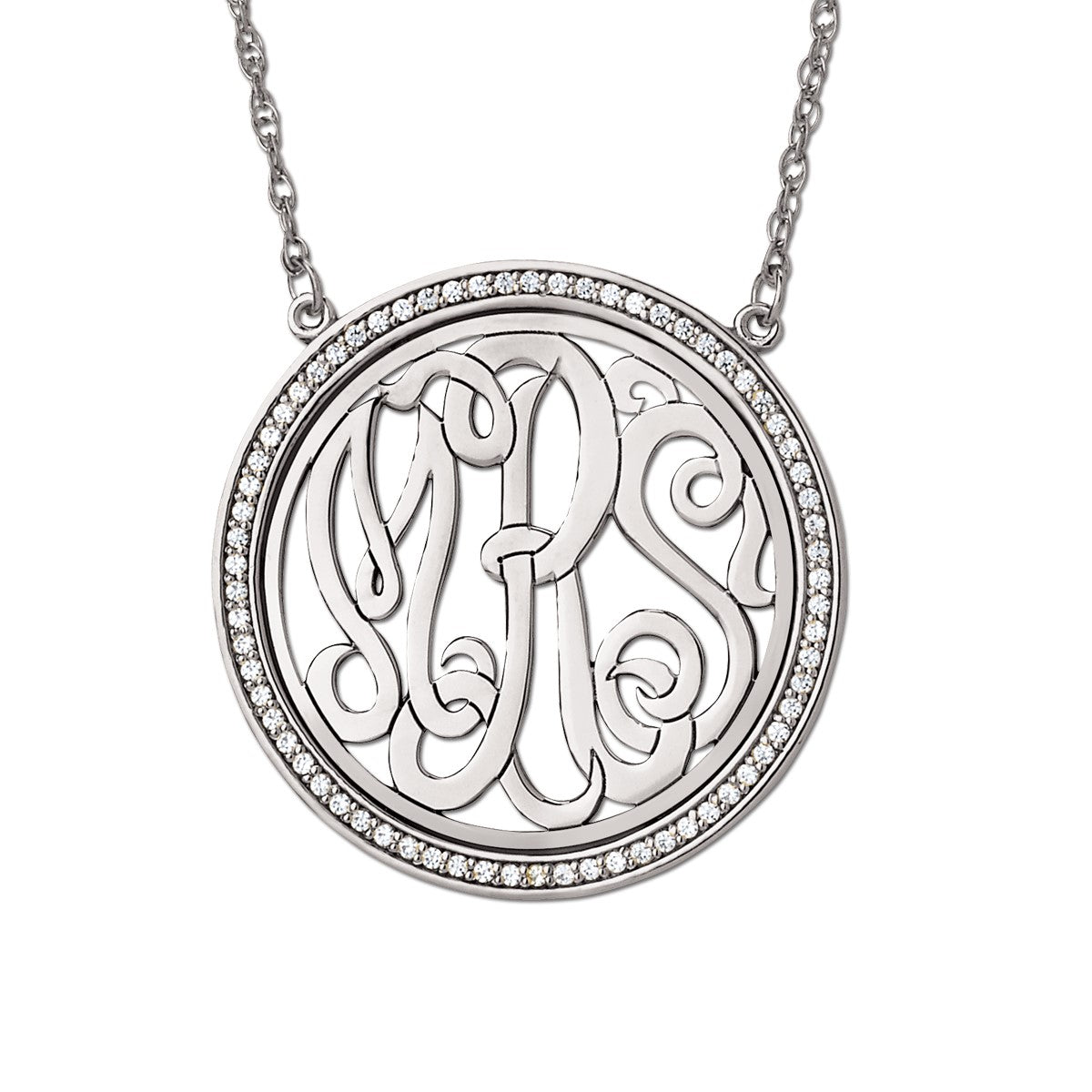 15MM 14kt White Gold Diamond Bezel Monogram Pendant Necklace