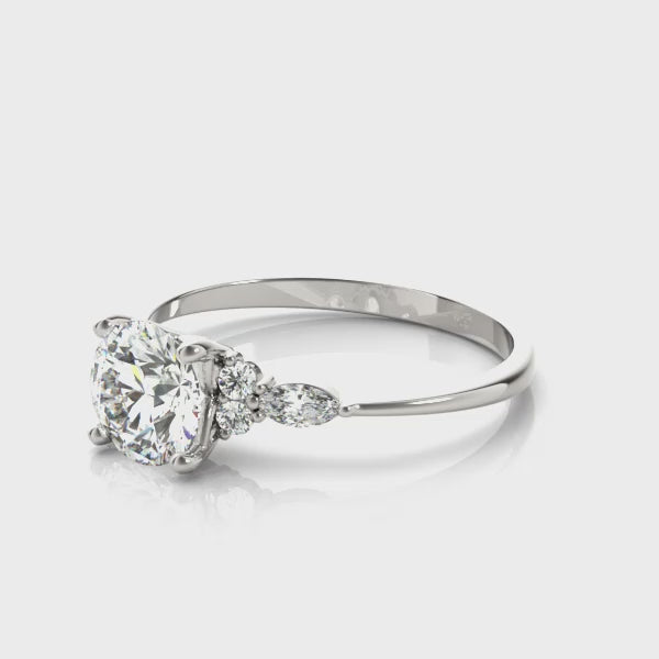 Elegant 14kt White Gold 3-Stone Marquise Ring - 2ct Round Center Stone Setting
