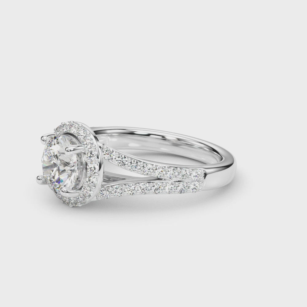 14k White Gold 1ct Round Halo Split Shank Semi-Mount Engagement Ring Setting (STYLE 