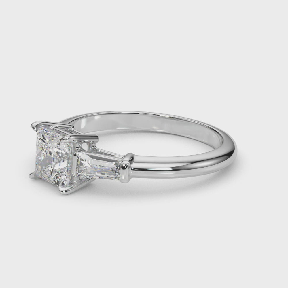 Elegant 3 Stone Ring: Featuring a Stunning Square Center Stone with Tapered Baguette Sides