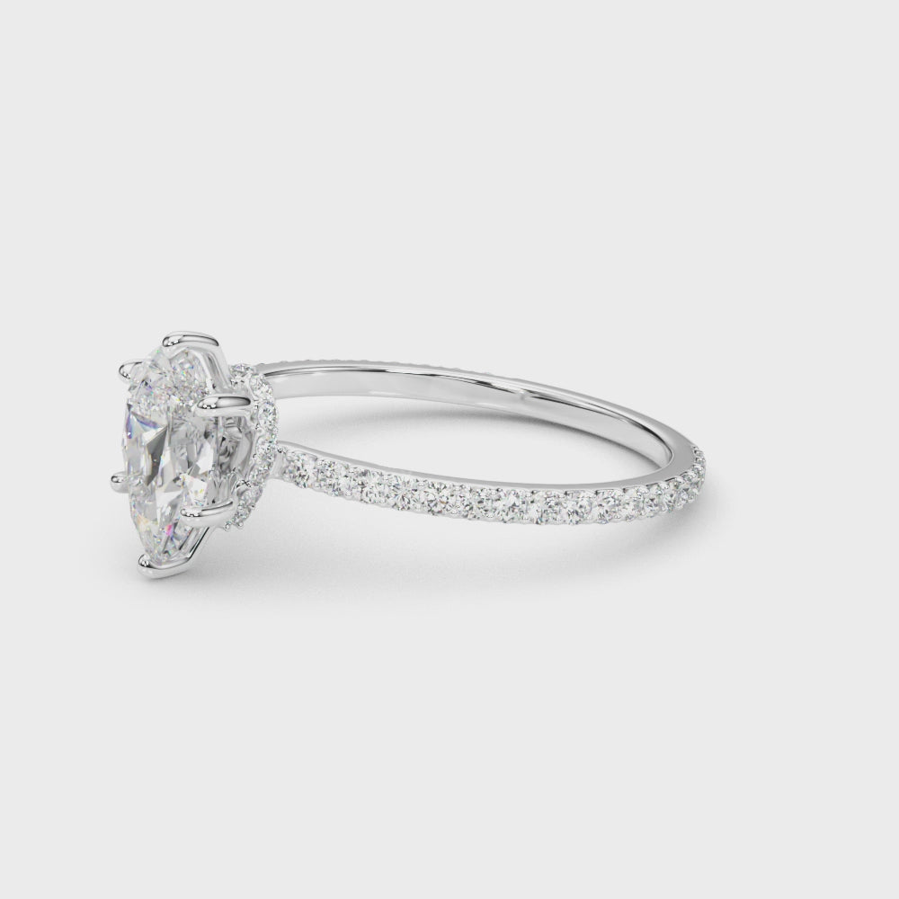 Exquisite Hidden Halo Pear Center Single Row Engagement Ring - 14k White Gold