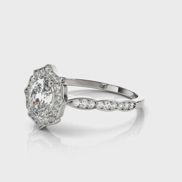 Exquisite Scalloped Oval Halo Engagement Ring in 14kt White Gold
