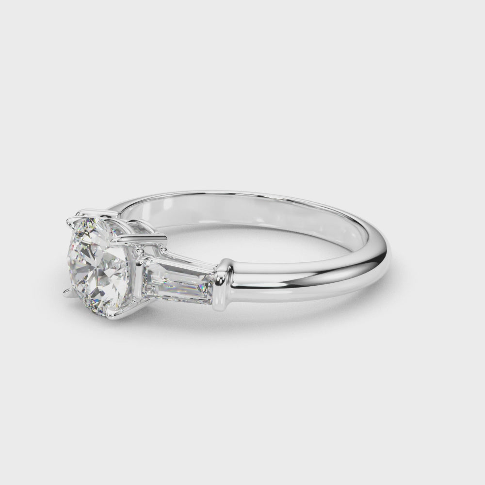 Exquisite 14kt White Gold 3-Stone Ring with Round Center and Tapered Baguette Sides